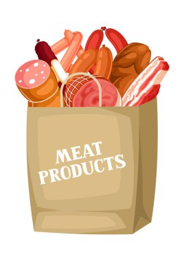 Et ürünleri ile alışveriş çantası. Sosis, pastırma ve jambon çizimi.