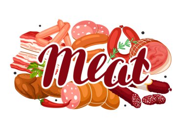 Et ürünleri ile arka plan. Sosis, pastırma ve jambon çizimi.