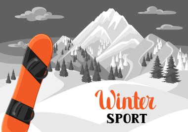 Snowboard, kış yatay. Karlı dağlar ve Göknar ormanı.