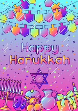 Happy Hanukkah greeting card with holiday objects. clipart