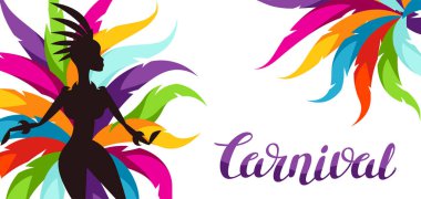Karnaval parti afiş samba dansçısı ve renkli dekoratif tüyleri ile.