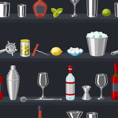 Kokteyl bar seamless modeli. Temel araçları, Züccaciye, karıştırıcılar ve garnitürleri