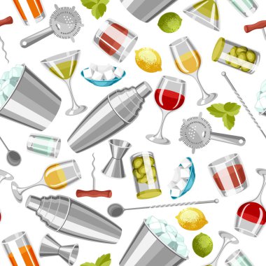 Kokteyl bar seamless modeli. Temel araçları, Züccaciye, karıştırıcılar ve garnitürleri