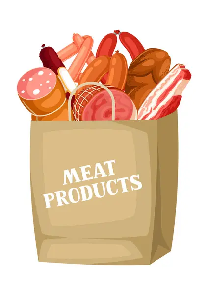 Et ürünleri ile alışveriş çantası. Sosis, pastırma ve jambon çizimi.