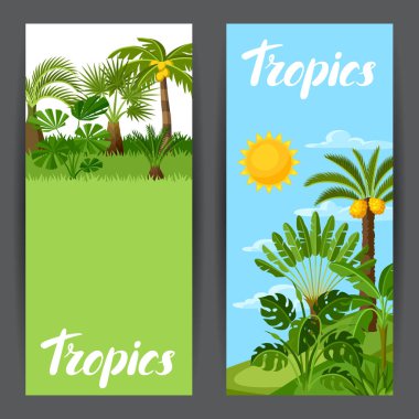 Banners with tropical palm trees. Exotic tropical plants Illustration of jungle nature. clipart