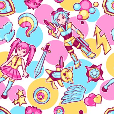 Japanese anime cosplay seamless pattern. Cute kawaii characters and items. clipart