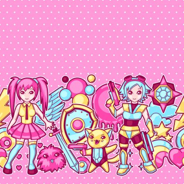 Japanese anime cosplay seamless pattern. Cute kawaii characters and items. clipart