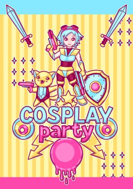Japon anime cosplay daveti. Şirin kawaii karakterler ve öğeleri.