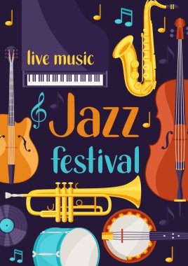Müzik aletleri ile Caz Festivali canlı müzik retro poster.