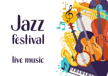 Müzik aletleri ile Caz Festivali canlı müzik retro poster.