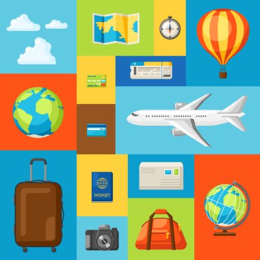 Konsept illüstrasyon seyahat. Arka plan turist öğeleri ile seyahat.
