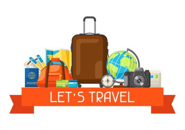 Konsept illüstrasyon seyahat. Arka plan turist öğeleri ile seyahat.