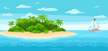 Okyanusta tropik ada Illustration. Okyanus, palmiye ağaçları ve yat ile manzara. Arka plan seyahat.