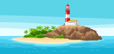 Kayalık kıyısındaki deniz feneri Illustration. Okyanus, palmiye ağaçları ve kayaları ile manzara. Arka plan seyahat.