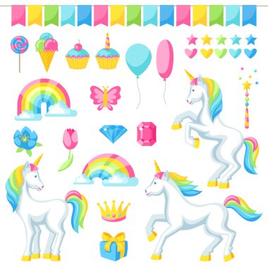 Tek boynuzlu atlar ve fantezi dekoratif nesneleri koleksiyonu.