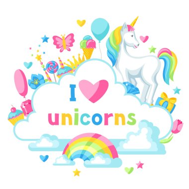 Yazdır veya kart tek boynuzlu at ve fantastik öğelerle.