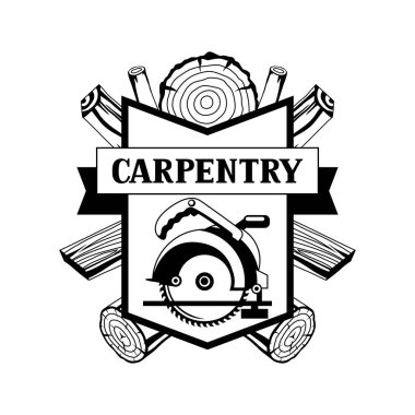 Carpentry label with wood logs and saw. Emblem for forestry and lumber industry. clipart