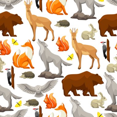 Orman orman hayvanlar ve kuşlar ile Seamless modeli. Stilize illüstrasyon.