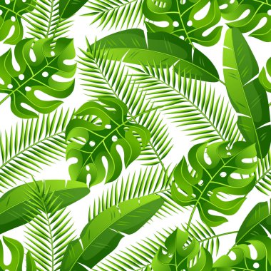 Tropikal palmiye ile Seamless Modeli bırakır. Egzotik tropik bitkiler. Orman doğa illüstrasyon.