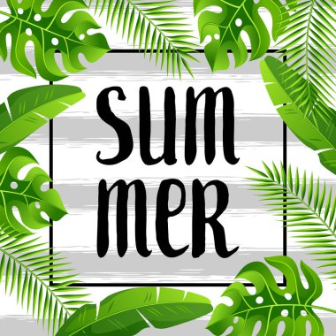 Arka plan ile tropikal palmiye yaprakları. Egzotik tropik bitkiler. Orman doğa illüstrasyon.