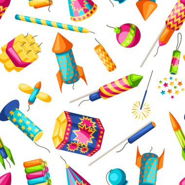 Seamless pattern with colorful fireworks. Different types of pyrotechnics, salutes and firecrackers. clipart