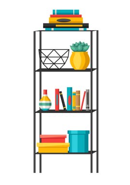 İçişleri Ev dekor. Rafları kitap ve vazo ile. Düz stil çizimde.