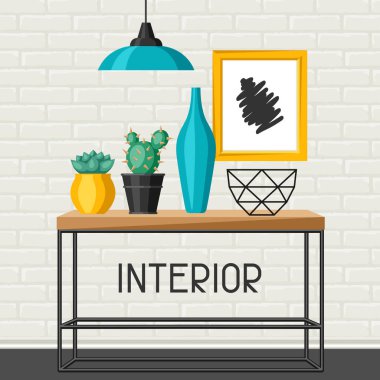 İçişleri Ev dekor. Vazolar ve resim içeren tablo. Düz stil çizimde.