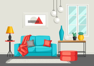 İç oturma odası. Mobilya ve ev dekorasyonu. Düz stil çizimde.