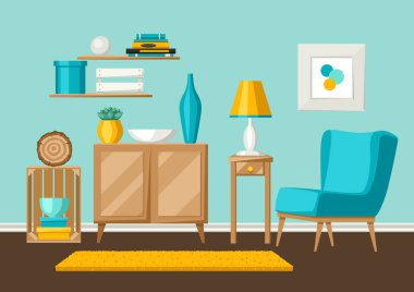 İç oturma odası. Mobilya ve ev dekorasyonu. Düz stil çizimde.