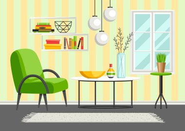 İç oturma odası. Mobilya ve ev dekorasyonu. Düz stil çizimde.