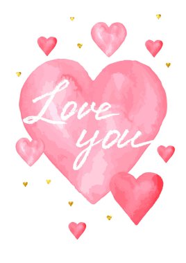 Düğün davetiyesi veya aquarelle kalp tebrik kartı.