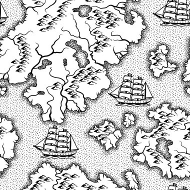 Eski deniz harita ile Seamless modeli. Adalar, gemi ve okyanus.