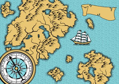 Eski deniz harita ile banner. Adalar, gemi ve vintage retro pusula.
