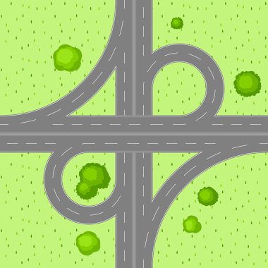 Üstten görünüm yol kavşağı. Otoyol ve kırsal ağaçlarda ile bir manzara.