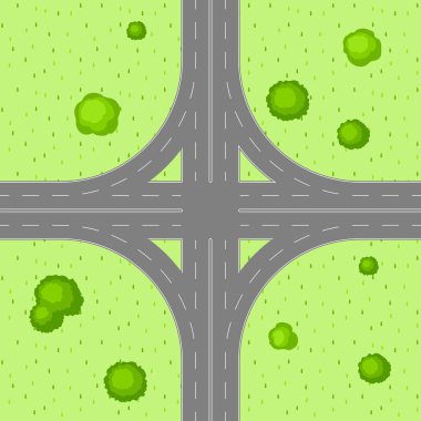 Üstten görünüm yol kavşağı. Otoyol ve kırsal ağaçlarda ile bir manzara.