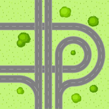 Üstten görünüm yol kavşağı. Otoyol ve kırsal ağaçlarda ile bir manzara.