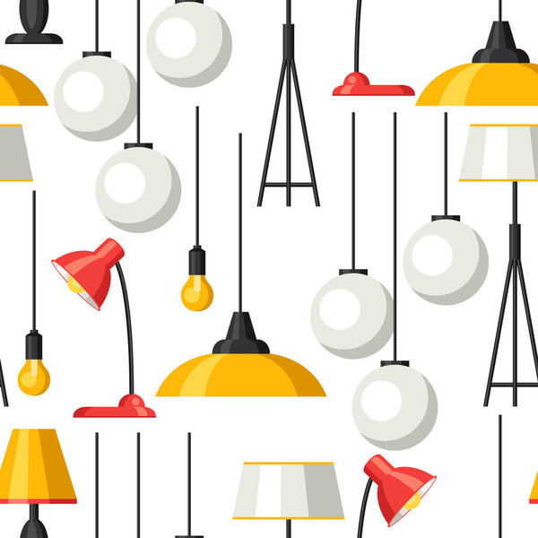Seamless pattern with chandelier, furniture, floor and table lamps.