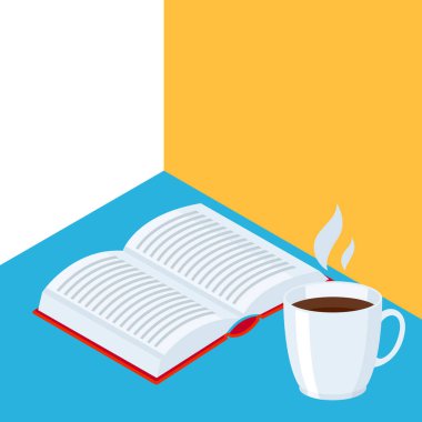 Kahve ile izometrik simgesi kitap. Düz tasarım stili eğitim veya kitapçı çizimde.