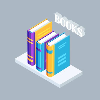 İzometrik simgesi kitap kitaplık üzerinde. Düz tasarım stili eğitim veya kitapçı çizimde.