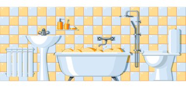 Banyo iç gösterimi. Sıhhi tesisat ve mobilya mağazaları için arka plan.