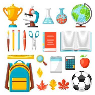 Okul ve eğitim eşyaları. Renkli malzemeler ve kırtasiye malzemeleri..