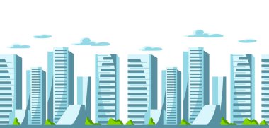 Mavi renklerde şehir gökdelenler seamless modeli. Cityscape illüstrasyon inşaat ve turizm iş için.