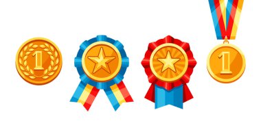 Altın madalya ile renkli şerit kümesi. Ödülü-spor veya kurumsal yarışmalar çizimi.