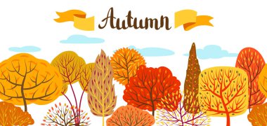 Sonbahar stilize ağaçları ile banner. Manzara mevsimlik illüstrasyon.