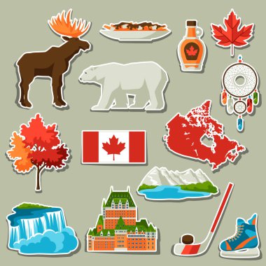 Kanada etiket Icons set. Kanada geleneksel semboller ve konumlar.