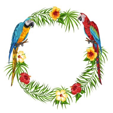 Tropikal çerçeve papağan ile. Palmiye yaprakları, hibiscus çiçek ve egzotik kuşlar.