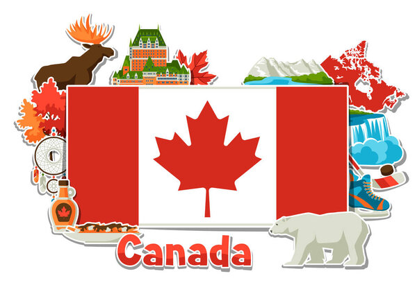 Canada sticker background design. Canadian traditional symbols and attractions.