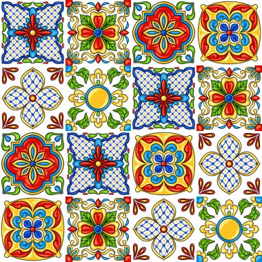 Meksika talavera seramik döşeme deseni. Etnik halk süsleme. İtalyan seramik, Portekizli azulejo veya İspanyolca Mayolikası.