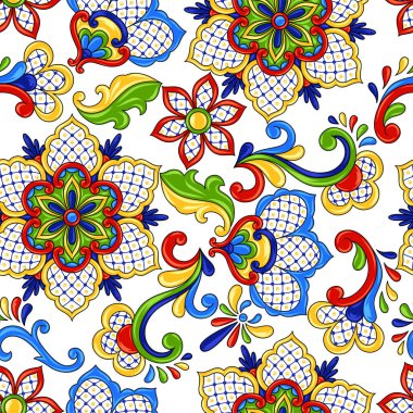 Meksika seamless modeli çiçekli. Geleneksel dekoratif objeler. Talavera süs seramik. Etnik halk süsleme.