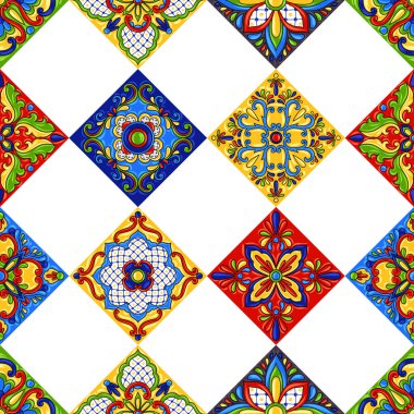 Meksika talavera seramik karo seamless modeli. Etnik halk süsleme. İtalyan seramik, Portekizli azulejo veya İspanyolca Mayolikası.